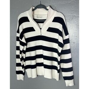 Woman Becool Black & White Striped Sweater M/L Long Sleeve Collar W/zip Costal